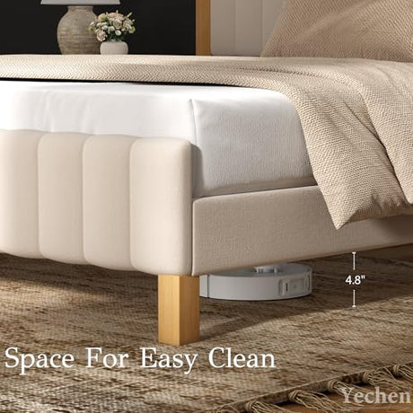 Yechen King Size Bed Frame, Wood Bed Frame with Upholstered Headboard, Solid Wood Posts and Feet, No Box Spring Needed, Beige Linen Yechen