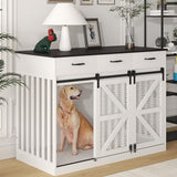 kepptory 48'' Dog Crate Furniture with Divider&Storage Drawers, Wooden Double Dog Kennel Furniture End Table with Sliding Barn Doors, White Double Dog Crate TV Stand kepptory