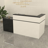 LITFAD L-Shape Checkout Counter Wood Reception Desk wih Keyboard Tray, Hutch, Desk Return and Lockable Drawer, Filing Cabinet, Modern Counter for Office, Lobby, Beauty Salon, Store - White/Black LITFAD