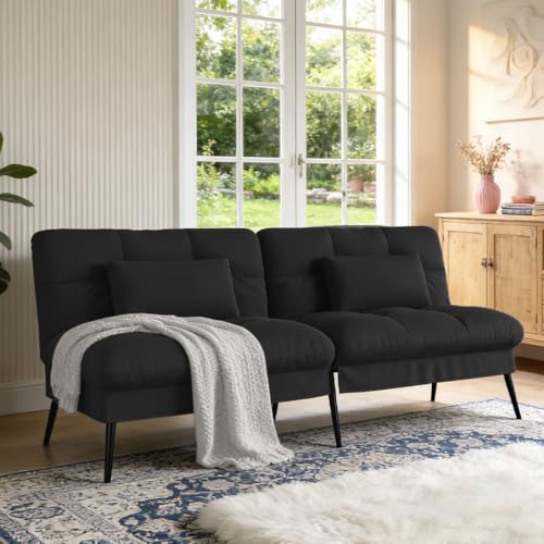 COMHOMA 72″Futon Sofa Bed,Modern Convertible Sleeper Sofa, Fabric Futon Couch with Multi-Position Backrest for Living Room Furniture (Black) COMHOMA