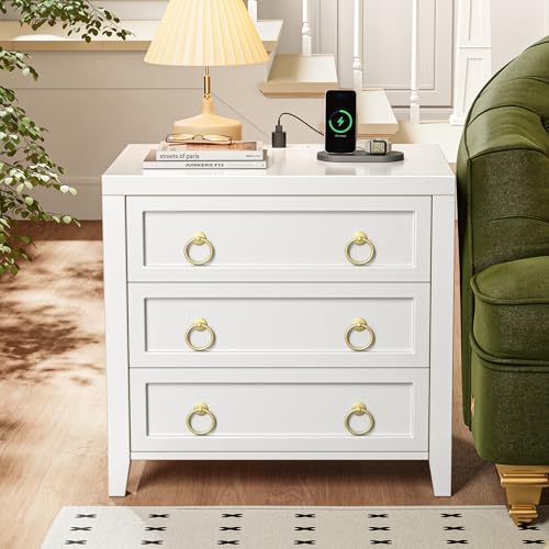 Huuger 23.6 Inch Night Stand with Charger Station and USB-C Port, 3 Drawer Nightstand, Larger Wider Bedside Table, Modern Side End Table, for Bedroom, White Nightstand Huuger