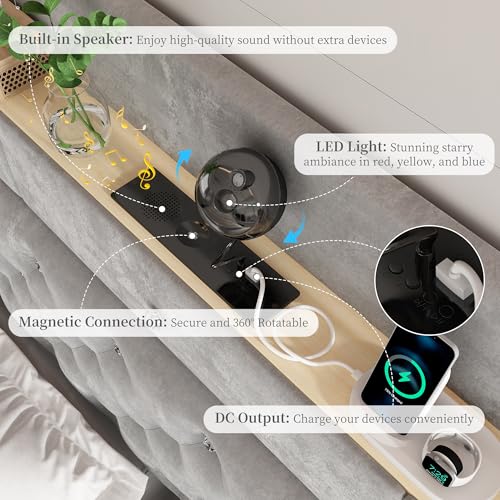 Queen Led Bed Frame with Galaxy Aurora Star Projector, Queen Platform Bed with Charging Station, 52" Upholstered Hidden Storage Headboard with Wingback, Noise Free, No Box Spring Needed, Velvet Gray SIBEDS