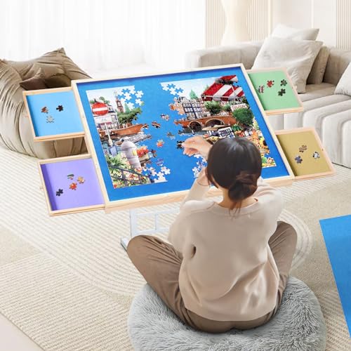 BittPicc Puzzle Table for Adults with Drawers 1500 Piece Jigsaw Puzzle Table with Legs Adjustable Tilting Puzzle Board Table with Cover 35"x 26" Wooden Puzzle Easel Birthday Gift for Mom - WoodArtSupply