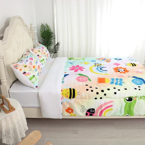 FUYEUN Rainbow Comforter Sets Twin Size Cartoon Floral Frogs Bedding Set for Girls Kids Children Boys Butterfly Flowers Bees Insects Cute Kawaii Quilt 1 Comforter + 1 Pillow Case FUYEUN