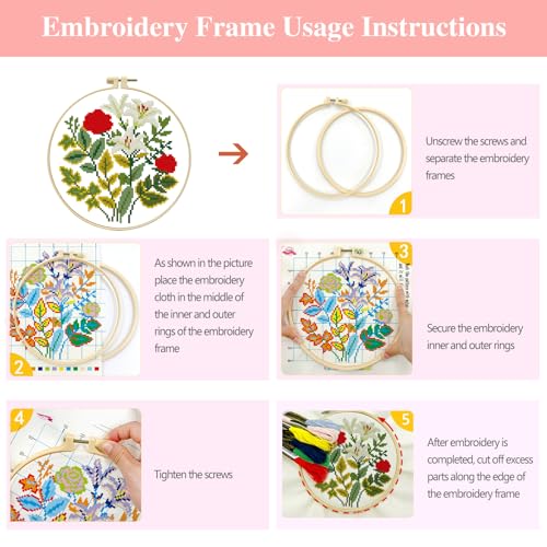 Zhenqing Rose and Lily Cross Stitch Kit for Beginners - 11CT 24x24cm Pre-Printed Pattern with Embroidery Hoop, Threads & Tools, Floral Design(70519)