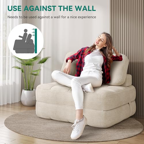 YITAHOME Folding Sofa Bed, Convertible Sleeper Chair with Pillow Foldable Mattress with Back Support, Portable Fold Out Chair Bed Comfy Floor Sofa Lounge for Living Room Bedroom, Beige YITAHOME