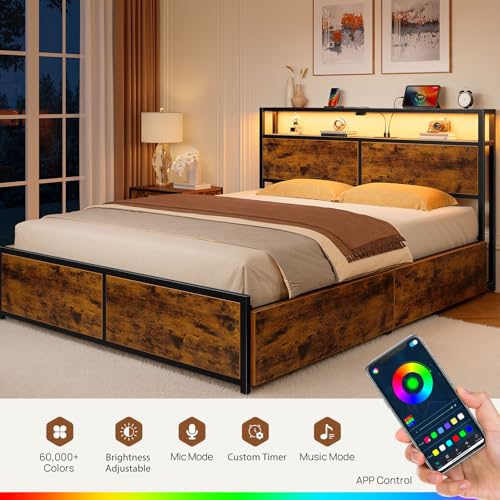 Rolanstar Queen Bed Frame with 4 Storage Drawers, Charging Station and LED Lights, Metal Platform Bed with 2-Tier Storage Headboard, No Box Spring Needed, Easy Assembly, Noise-Free, Rustic Brown Rolanstar