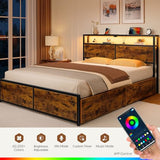 Rolanstar Queen Bed Frame with 4 Storage Drawers, Charging Station and LED Lights, Metal Platform Bed with 2-Tier Storage Headboard, No Box Spring Needed, Easy Assembly, Noise-Free, Rustic Brown Rolanstar