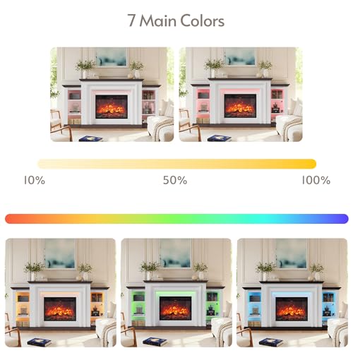 ENSTVER 72''Modern Electric Fireplace Mantel TV Stand,Large Entertainment Center with Open Storage Shelves for 80''TV, LED Ambient Lighting Fireplace TV Stand for Living Room ENSTVER