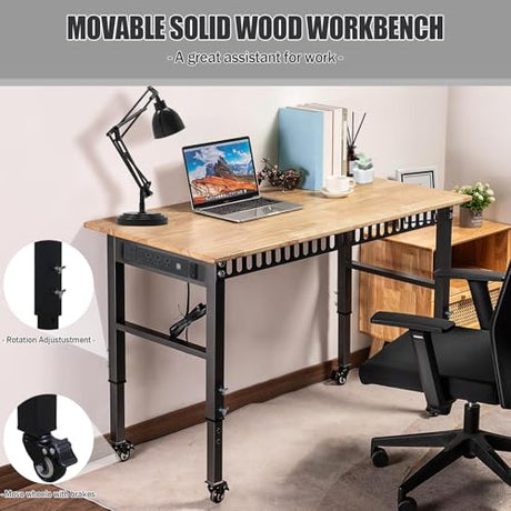 48" Adjustable Workbench with Power Outlets - 2000 LBS Load Capacity, Rubber Wood Top, 6-Level Height Adjustment (26.3" to 35.8") - Heavy-Duty Work Table for Workshop, Garage, Home Yoloyakidra