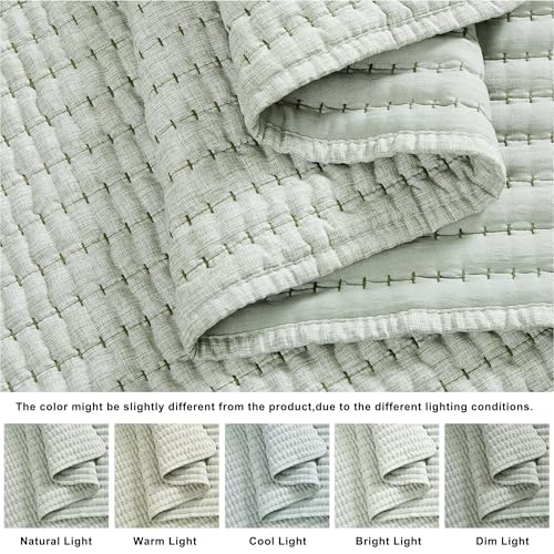WDCOZY Sage Green Pick Stitch Twin Size Quilt Set, Striped Lightweight Soft Summer Spring Bedspread, Bamboo Linen Like Textured Coverlet, Chambray Farmhouse Country Rustic Thin Bedding Comforter WDCOZY
