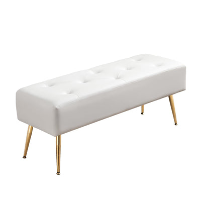 Furnimart Upholstered Tufted White Bench Ottoman with Padded Seat, Footrest Foot Stool with Sturdy Metal Leg, White Leather Bench for Bedroom Living Room Entryway