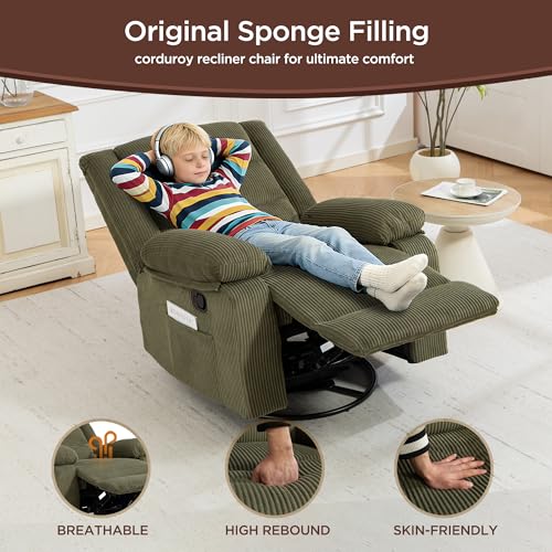 360° Swivel Rocker Recliner Chair for Adults, Nursery Manual Reclining Chair with Arms and Back, Upholstered Glider Rocking with Side Pockets for Living Room, Bedroom Nursing use, Corduroy, Green