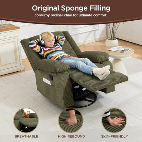 360° Swivel Rocker Recliner Chair for Adults, Nursery Manual Reclining Chair with Arms and Back, Upholstered Glider Rocking with Side Pockets for Living Room, Bedroom Nursing use, Corduroy, Green FiveWillowise