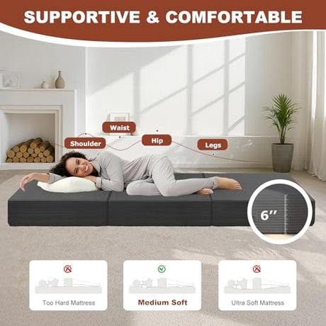 6-Inch Tri-Fold Foldable Mattress, Folding Sofa Bed with Removable Washable Cover, Portable Futon Mattress Full Size Floor Guest Mat with Non-Slip Bottom & Carry Handles for Camping (Grey, Queen) AOLVDOW