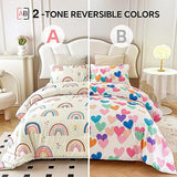 Btargot Lightweight Soft 3 Piece Rainbow Comforter Set with 2 Pillow Covers, Cartoon Love Hearts Flowers and Grass Bedding Set for Girls Boys Kids, Queen Multi-Color Btargot