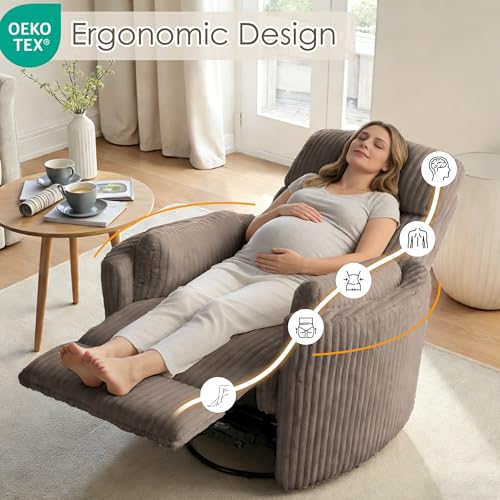 Chizzyseat Nursery Rocking Chairs Comfy High Back 360 Swivel Rocker Recliner with 2 Pillows Glider Recliner Nursery Chair for Adults Small Spaces Nursing Bedroom Living Room Brown