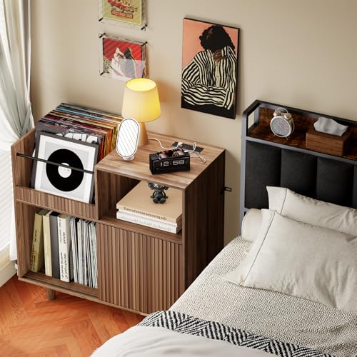 fineway Large Record Player Stand with Power Outlets & LED Lights, Record Player Table Cabinet with Vinyl Record Storage Holds up to 300 Albums, Turntable Stand for Living Room, Bedroom fineway