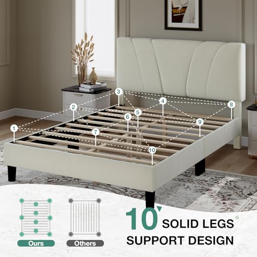 Novilla Queen Bed Frame, Queen Size Bed Frame with Wooden Slats Support, Velvet Upholstered Headboard, No Box Spring Needed, Heavy Duty Feet, Easy Assembly, White Velvet Novilla