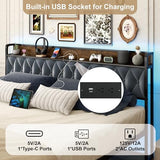Sismplly King Size Metal Platform Bed Frame with 2 Storage Drawers & LED Light, Upholstered Headboard with Charging Station, No Box Spring Needed, Brown Wood Panel Sismplly