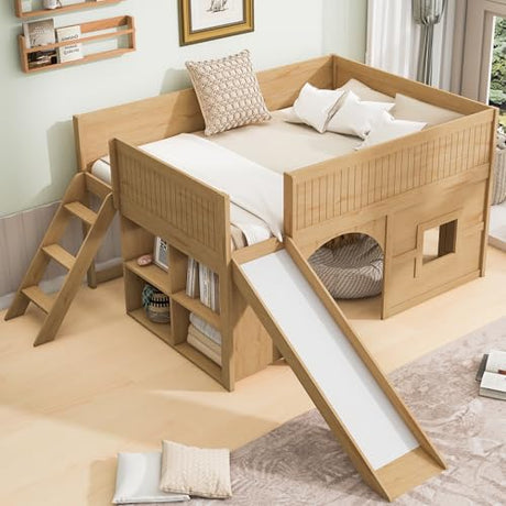 Merax Full Size Loft Bed with Slide & Stairs, Low Loft Bed for Kids, Solid Wood Bed Frame with Storage Shelve, Guard Rails, Slat Support & Under-Bed Play Space, No Box Spring Needed, Natural Merax