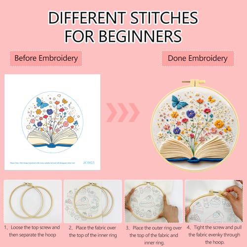 Zhenqing Open Book Garden Embroidery Kit, Fantasy Floral Craft Set with 20cm Hoop, Printed Design on 29x29cm Cotton Fabric, DIY Butterfly Wall Art (JC0023)