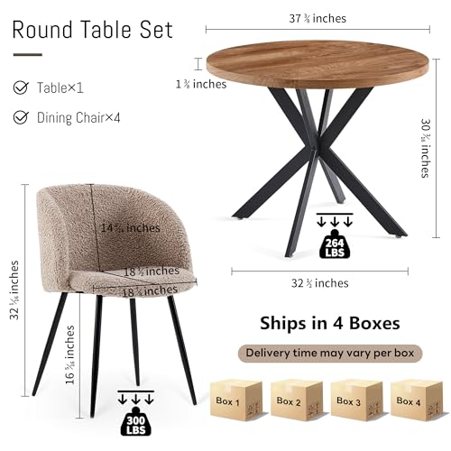 NORDICANA 5 Pieces 37-Inch Round Dining Table and Upholstered Chairs for Four Person, MDF Table-top, Light Brown Fuzzy Sherpa Armchairs with Black Metal Leg for Kitchen, Reception Room NORDICANA