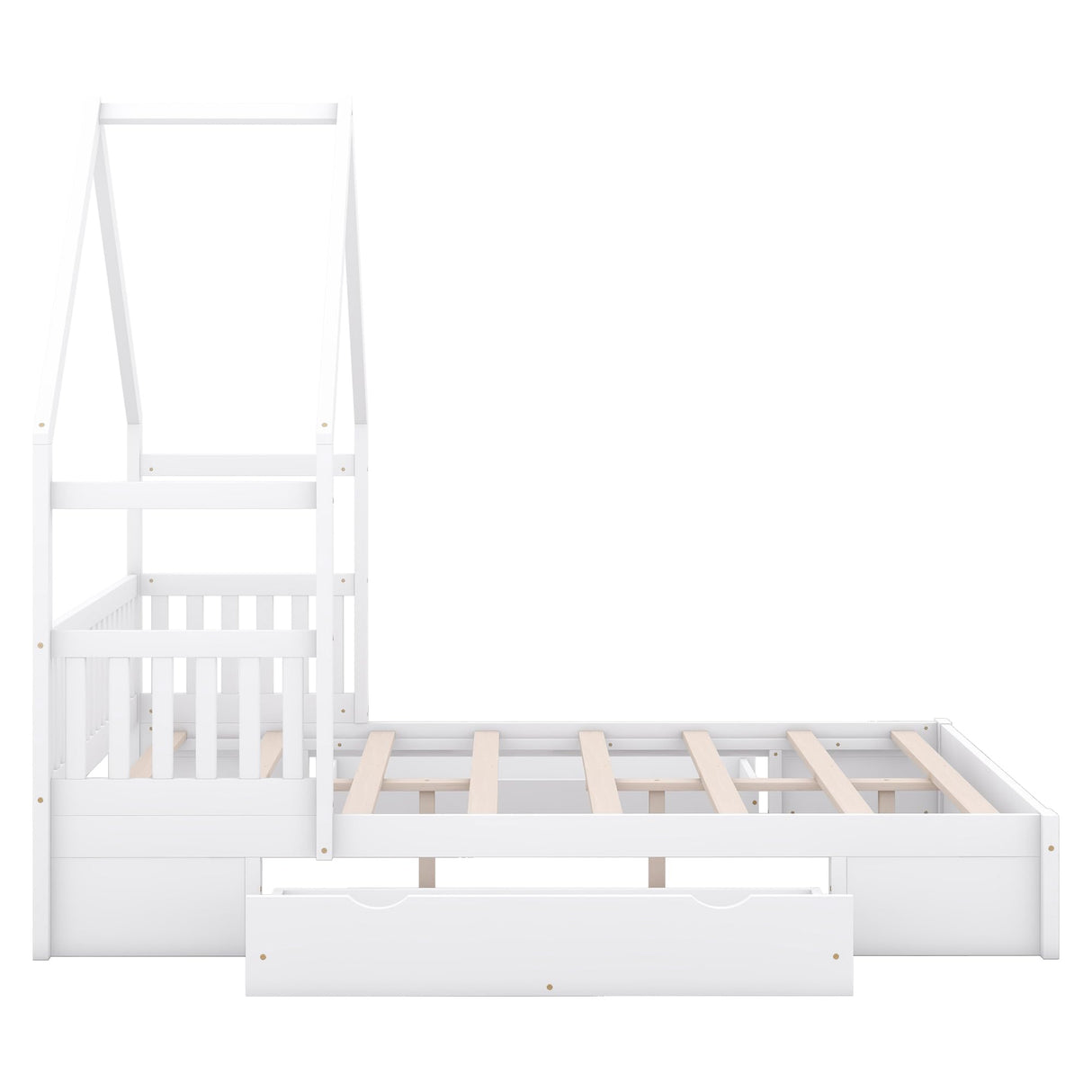 Merax Wood Queen Size House Platform Bed with Guardrail and 2 Drawers, Wooden Bedframe for Boys Girls Adult, No Spring Box Needed, White Merax