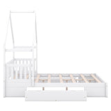 Merax Wood Queen Size House Platform Bed with Guardrail and 2 Drawers, Wooden Bedframe for Boys Girls Adult, No Spring Box Needed, White Merax