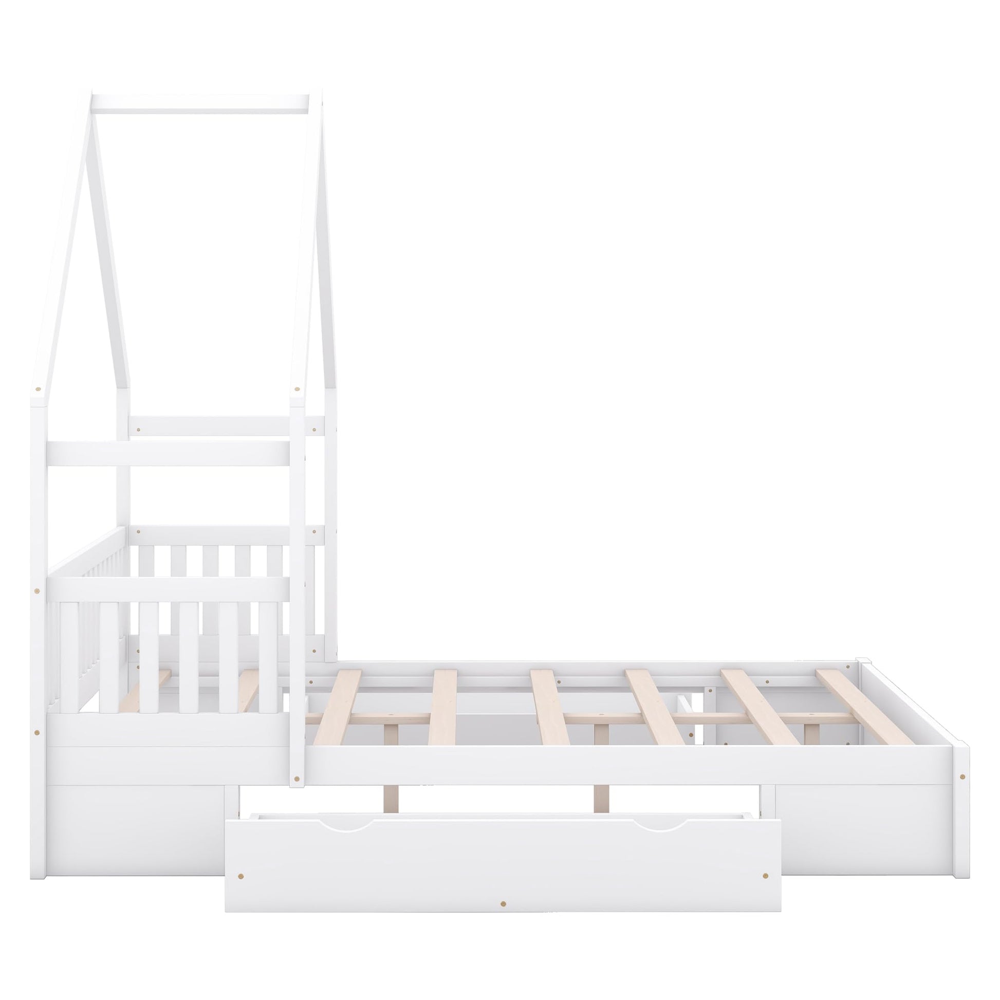 Merax Wood Queen Size House Platform Bed with Guardrail and 2 Drawers, Wooden Bedframe for Boys Girls Adult, No Spring Box Needed, White - WoodArtSupply