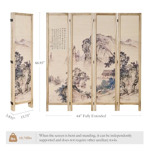 Svimi Asian Style Room Divider - 4 Panel Plum Blossom/Mountain/Calligraphy Design with Wood Frame, Freestanding Partition Screen (67″H x 64″W) (Nature, Calligraphy) Svimi