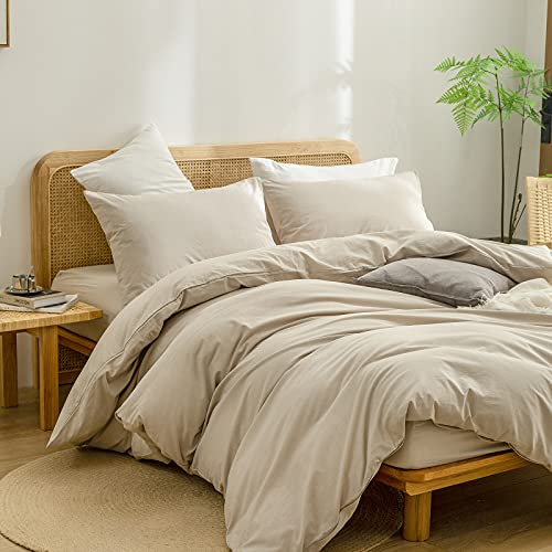 BESTOUCH Duvet Cover Set 100% Washed Cotton Linen Feel Super Soft Comfortable Chic Lightweight 2 PCs Home Bedding Set Solid Almond Milk Grey Twin/Twin XL BESTOUCH