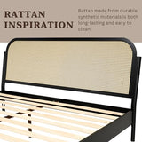 Bme Aurelia Black Solid Wood Bed Frame with Rattan Headboard - Bohemian & Mid Century Modern Style Bme