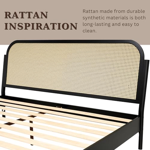 Aurelia Queen Size Bed Frame - Stylish Black Bohemian & Mid Century Modern Design with Solid Wood Support Bme