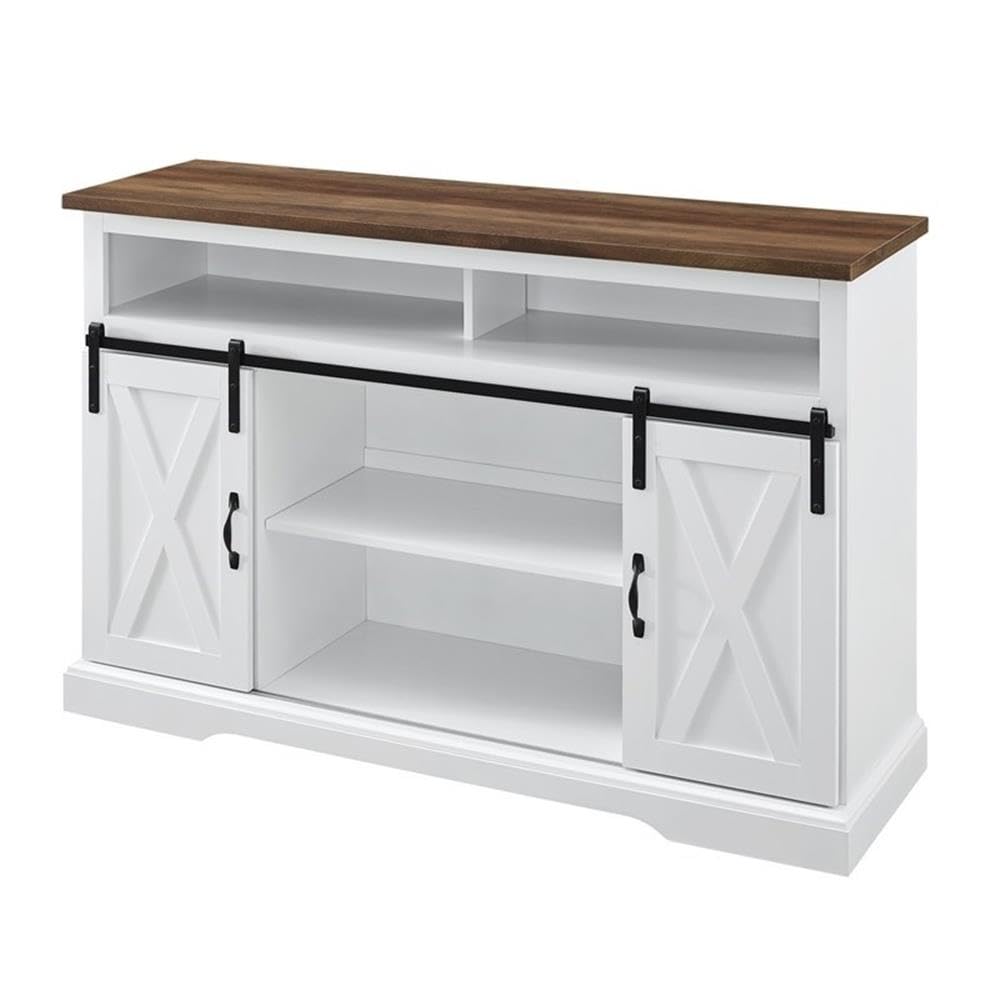 Pemberly Row Farmhouse Sliding Door Wood 52" Highboy TV Stand Console Buffet Credenza Storage Cabinet in White Pemberly Row