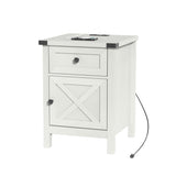 Farmhouse Nightstand with Charging Station, White Side Table, Rustic End Table with Barn Door and Drawer, Rustic Floating Nightstands Modern Bed Side Table Night Stand for Bedroom and Living Room HOSEOKA