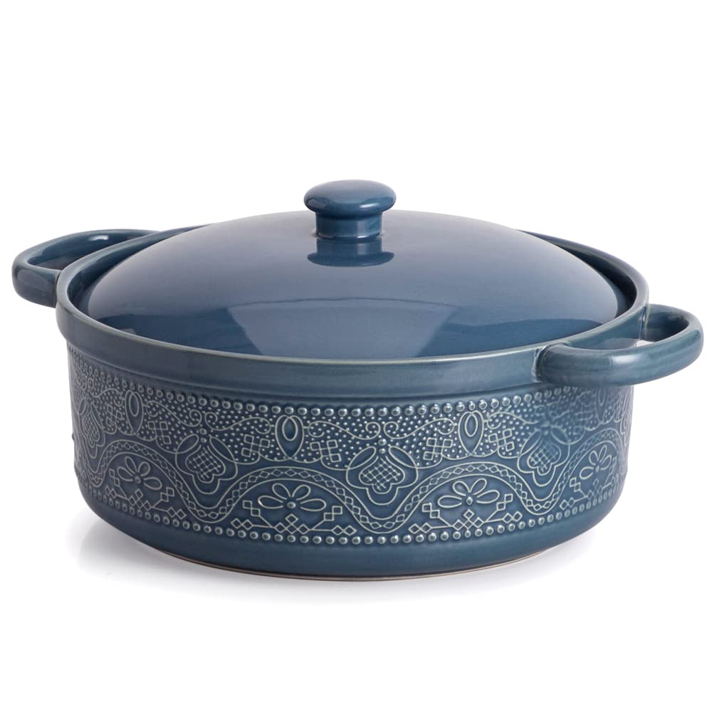 FUN ELEMENTS Lace Emboss Casserole Dish with Lid, 2 Quart Oven to Table Ceramic Round Serving Dish with Handles for Dinner and Party, Thanksgiving Christmas Gifts(Grayish Blue) FE FUN ELEMENTS