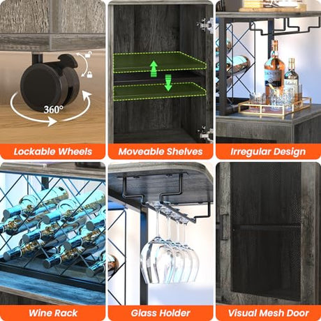 Girapow Small Bar Cart with Wheels, Liquor Cabinet with LED Light, Wine Bar Cabinet with Power Outlets, Home Mini Bar with Wine Rack, Glasses Storage for Kitchen, Dining Room, Living Room, Grey Girapow