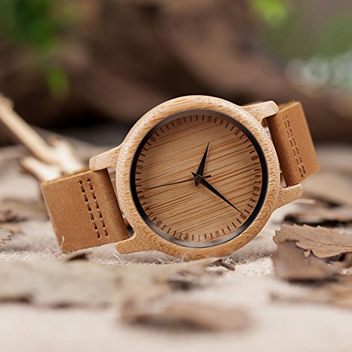 BOBO BIRD Men's Bamboo Wooden Watch with Brown Cowhide Leather Strap Japanese Quartz Movement Sports Casual Watches Gift with Box BOBO BIRD