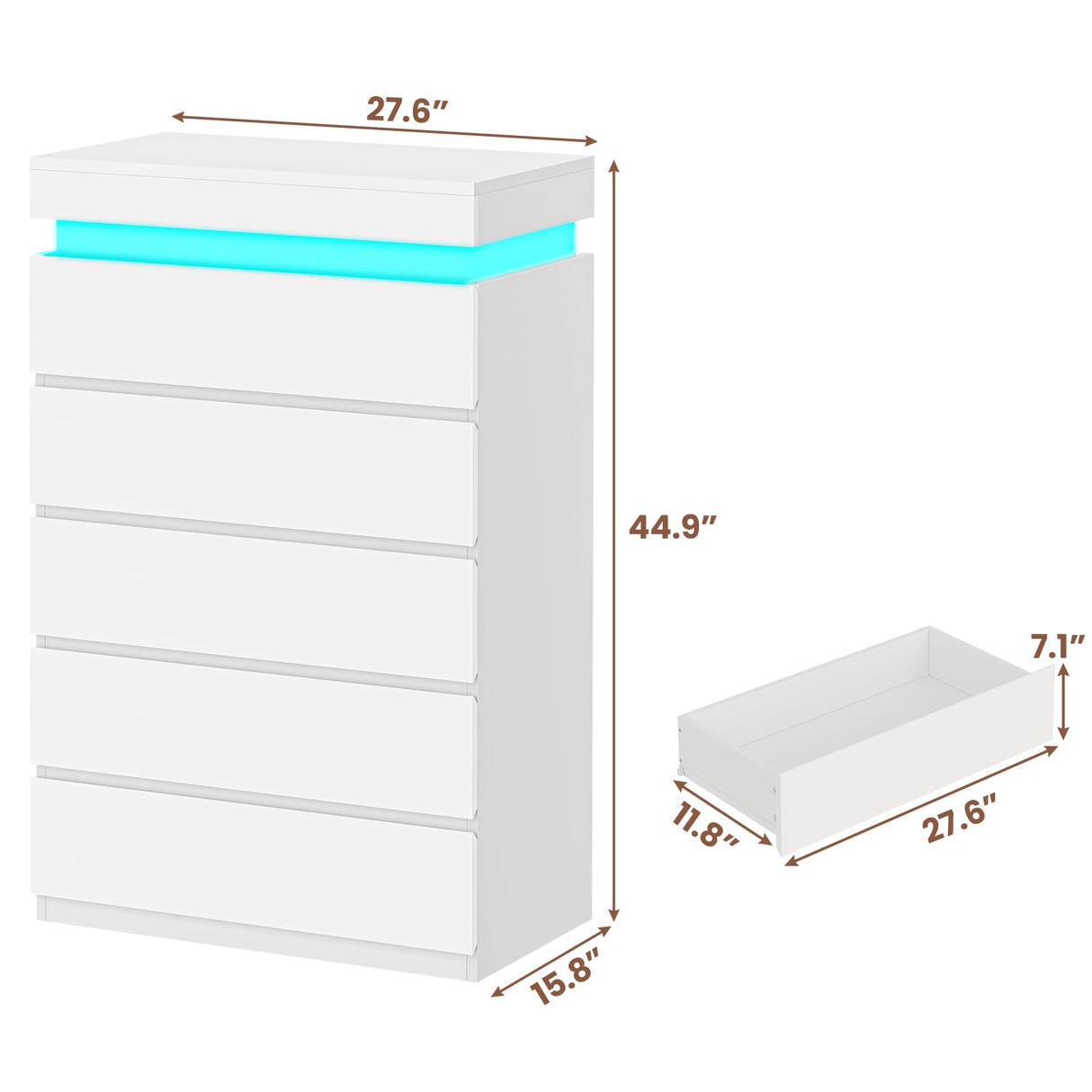 HAUOMS Tall 5 Drawer Dresser with LED Light, White Modern Chest of Drawers for Bedroom,Closet Dressers with Drawers for Living Room, Entryway, Hallway HAUOMS