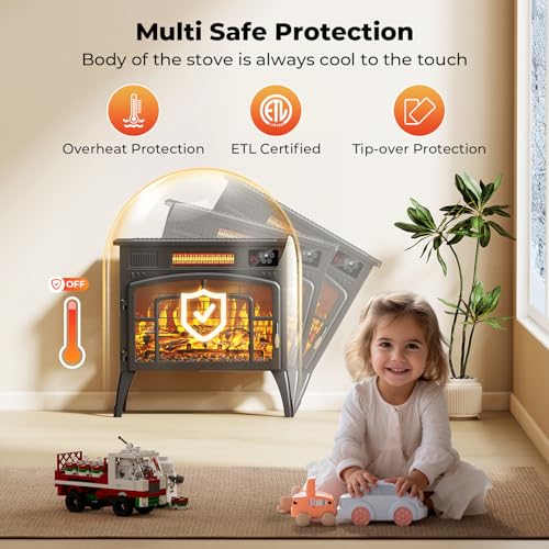 BREEZEHEAT Electric Fireplace Stove-Freestanding Fireplace Heater w/ 3D Flame, Thermostat, Remote, 1500W/750W Quiet Heating, Portable Fireplace for Indoor Use, Overheating Protection, Black, 23" Wide BREEZEHEAT