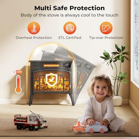 BREEZEHEAT Electric Fireplace Stove-Freestanding Fireplace Heater w/ 3D Flame, Thermostat, Remote, 1500W/750W Quiet Heating, Portable Fireplace for Indoor Use, Overheating Protection, Black, 23" Wide BREEZEHEAT