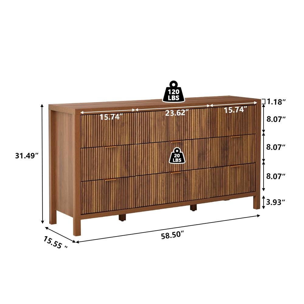 affeivul Mid Century Modern Dresser TV Stand, 9 Drawer Dresser for Bedroom Wood, Farmhouse Boho Storage Cabinet Side Table with Solid Natural Wood Legs, Long Wooden Dresser for Closet (Walnut - WoodArtSupply