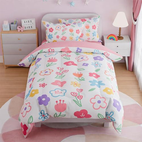 SANDJEST Floral Full Bedding Sets for Girl, Ultra Soft Microfiber Comforter Bed Set with 4-Pieces, Flower Comforters Sets for Kids Children Girl Teen Tween Bedroom Decor SANDJEST