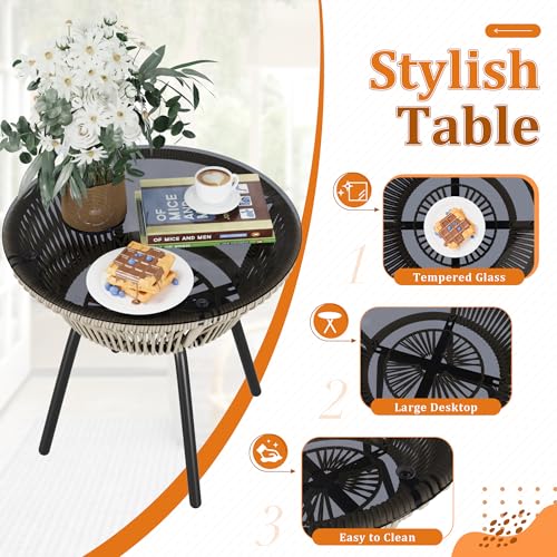 Devoko Patio Furniture Set 3 Pieces Rope Woven Bistro Set Outdoor Conversation Set with 2 Wide Chairs,Cushions and Tempered Glass Table for Balcony Porch Backyard Garden Poolside Devoko