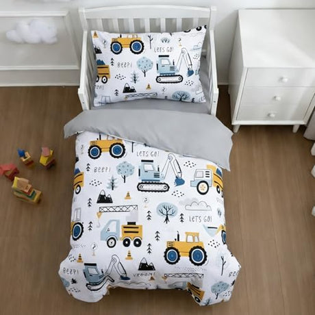 NTBED 4 Pieces Construction Toddler Bedding Set for Baby Boys,Tree Truck Vehicles Excavator Cars Printed, Includes Comforter, Flat Sheet, Fitted Sheet and Pillowcase,Light Grey NTBED