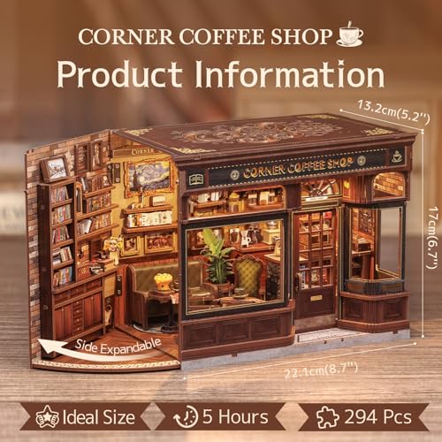 Fsolis Book Nook Kit - DIY 3D Wooden Puzzles for Adults Coffee House Model Booknook Bookstore Mini House Building Kit Gifts for Women Readers Book Lovers (Corner Coffee Shop)