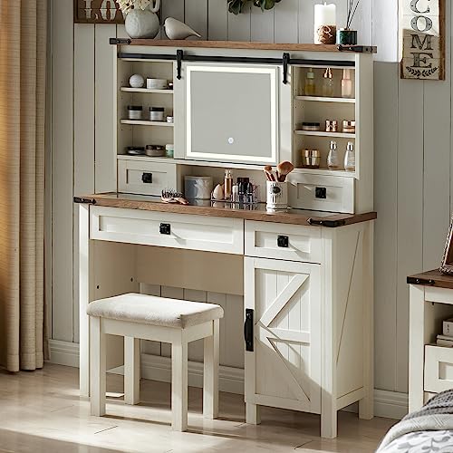 T4TREAM Farmhouse Makeup Vanity Desk with Sliding Mirror and Lights, 42'' Glass Tabletop Vanity Table with 2 Drawers & Shelves, Rustic Big Vanity Set - WoodArtSupply