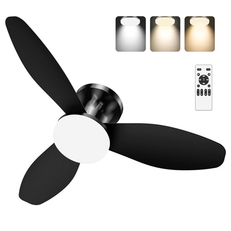 Fussion 42 inch Ceiling Fans with Lights and Remote - Black Flush Mount Low Profile Ceiling Fan with Light, LED Dimmable Modern 3 Blade Bedroom Ceiling Fan for Indoor, Living Room, Kitchen Fussion