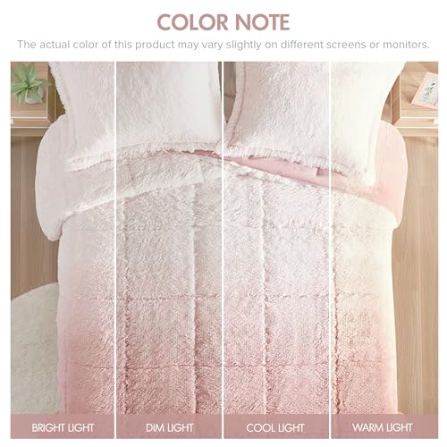 Intelligent Design Brielle, Long Shaggy Faux Fur Comforter Set, Plush Reverse, Trendy Ombre Design, Modern, Cozy All Season Bedding, Matching Sham, Full/Queen(90"x90") Blush 3 Piece Intelligent Design